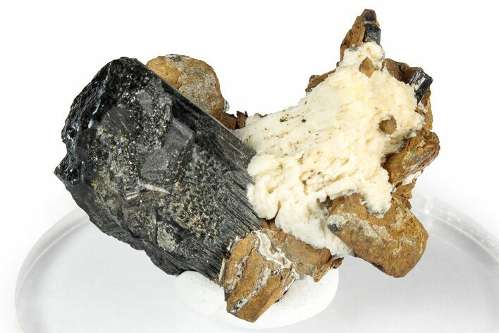 White Feldspar and Siderite Crystals on Black Aegirine - Malawi #348746